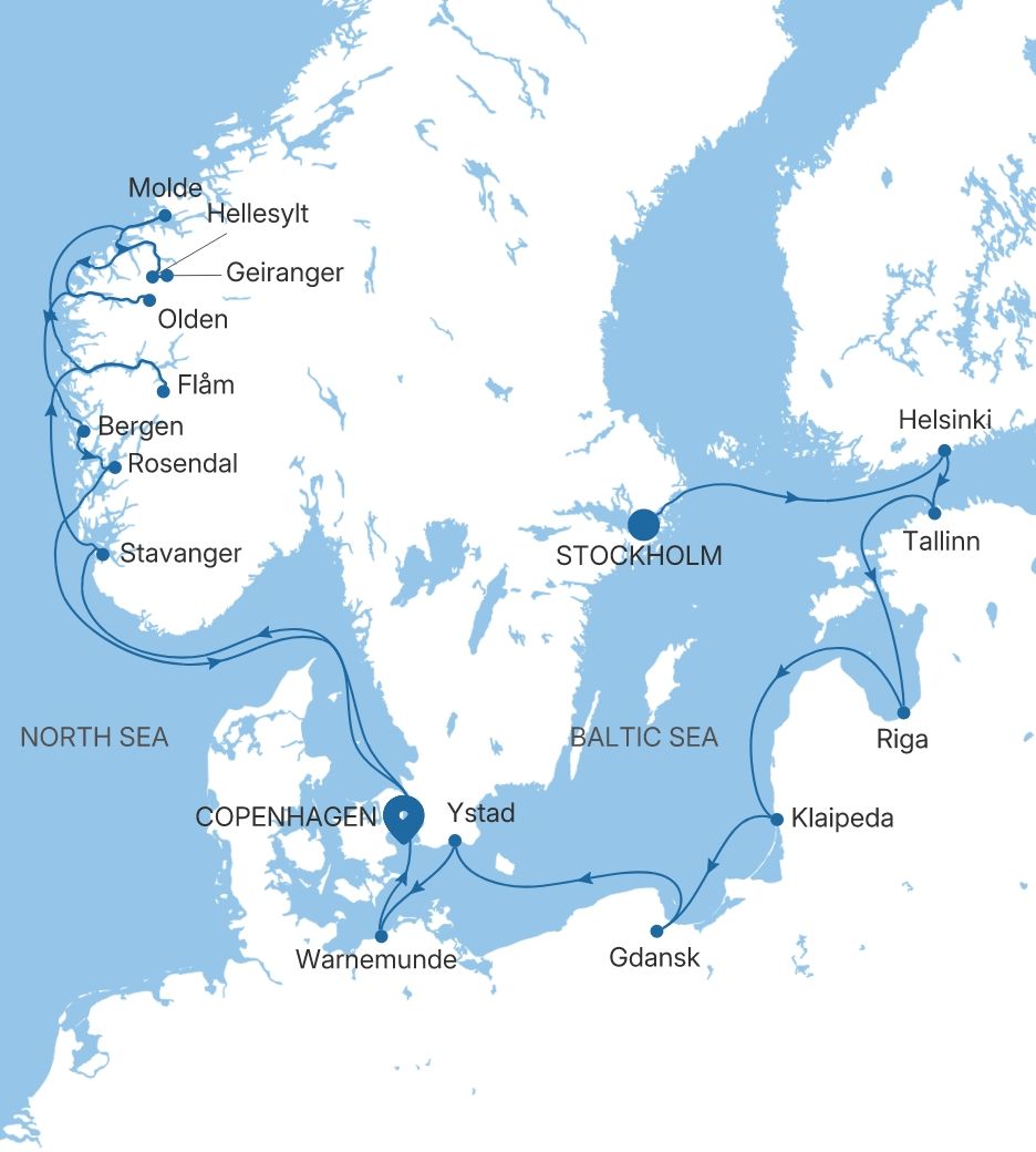 Silver Nova Stockholm to Copenhagen voyage SN280527C18 itinerary map