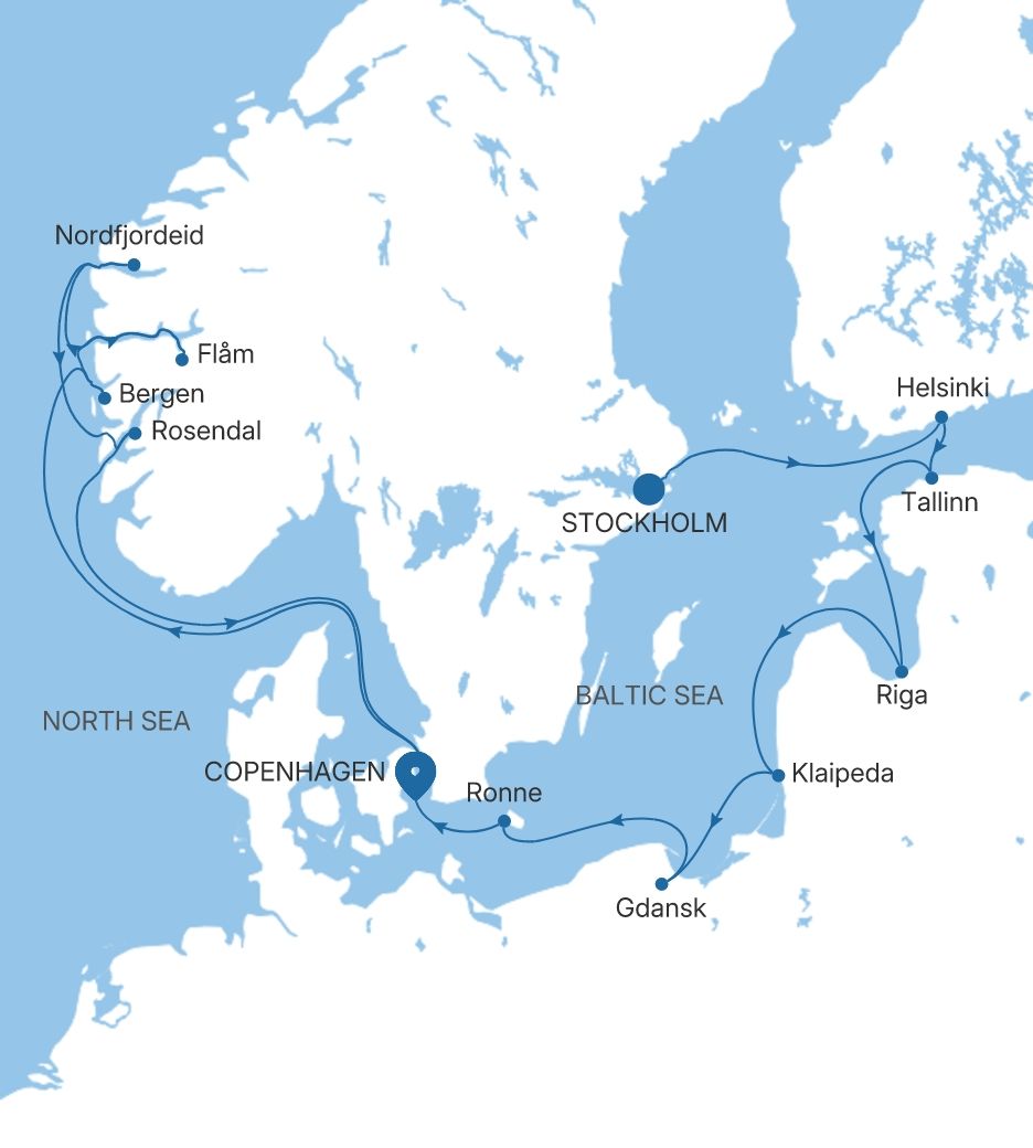 Silver Nova Stockholm to Copenhagen voyage SN280624C14 itinerary map