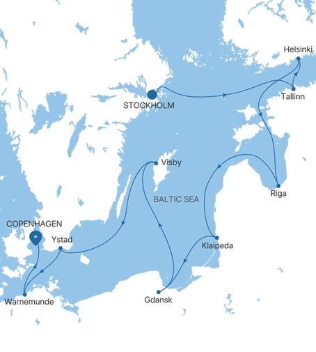 Silver Nova Stockholm to Copenhagen voyage SN280715012 itinerary map