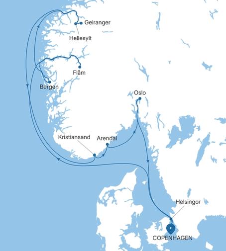Silver Nova Copenhagen to Copenhagen voyage SN280727010 itinerary map