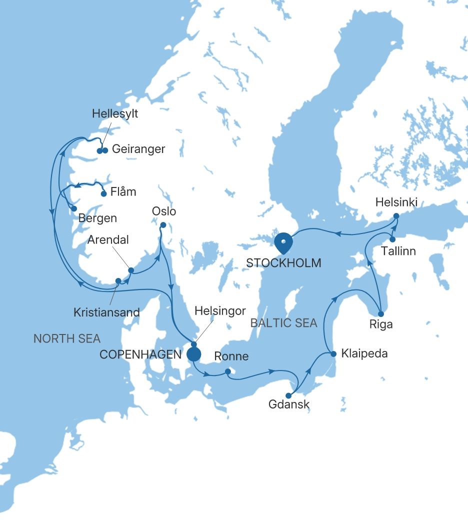 Silver Nova Copenhagen to Stockholm voyage SN280727C17 itinerary map