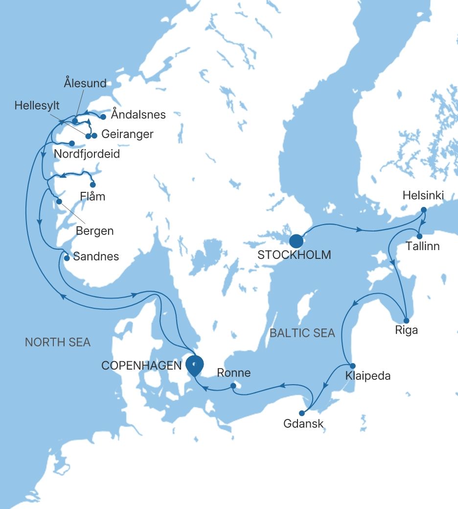 Silver Nova Stockholm to Copenhagen voyage SN280813C17 itinerary map