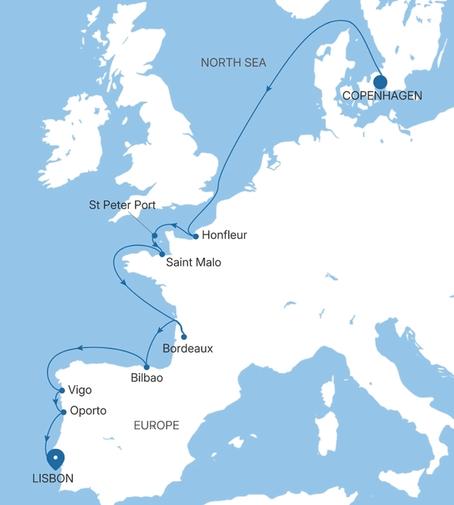 Silver Nova Copenhagen to Lisbon voyage SN280909015 itinerary map