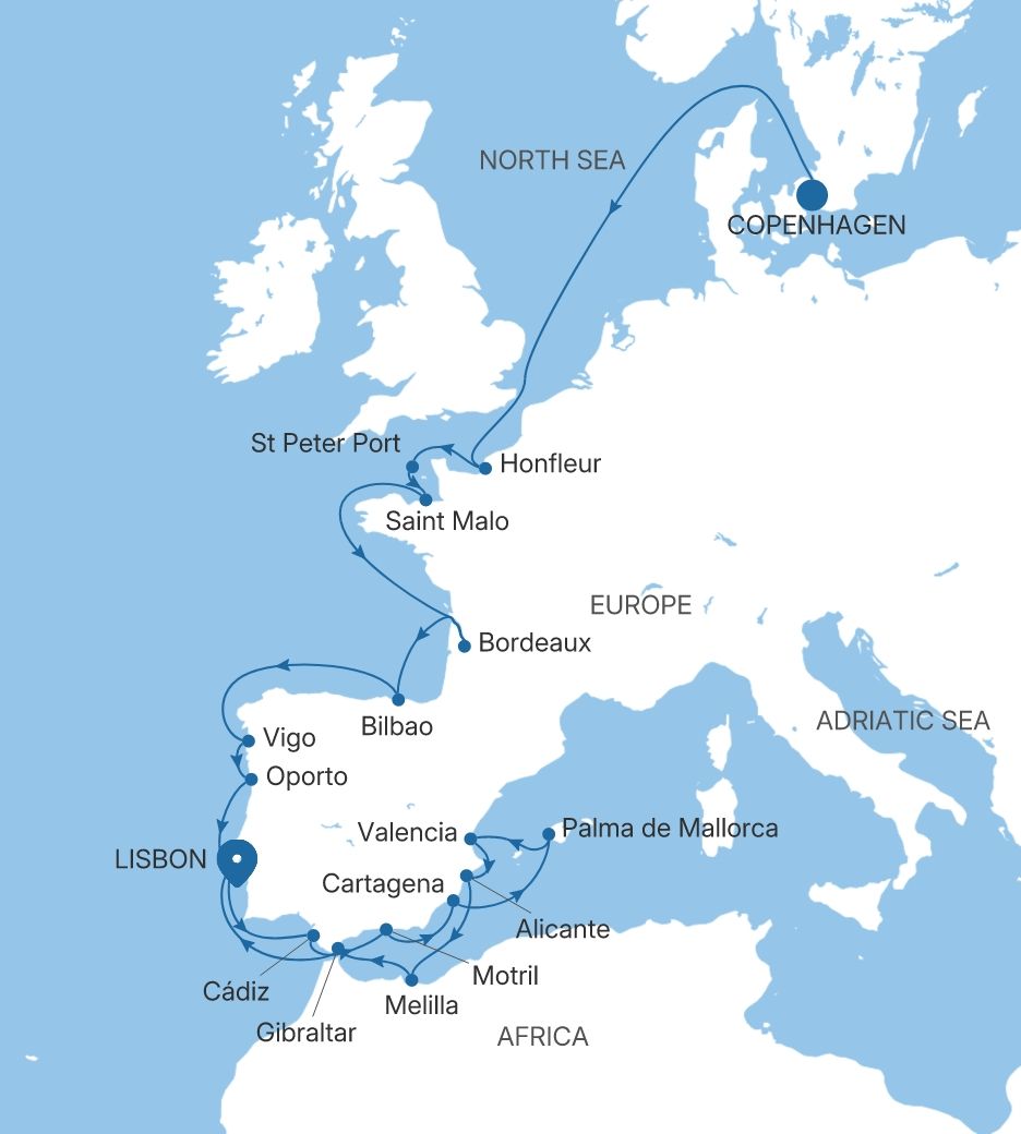 Silver Nova Copenhagen to Lisbon voyage SN280909C27 itinerary map