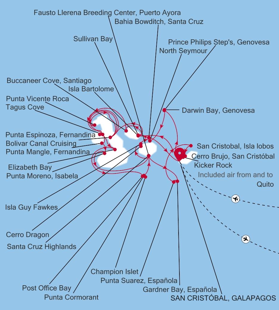 Silver Origin The Galápagos: Exploring the Outer & Inner Loop voyage OR280311C14 itinerary map