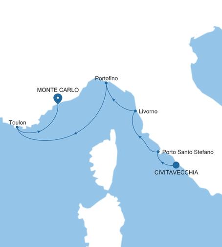 Silver Ray Italy & the French Riviera Featuring Portofino voyage RA260809006 itinerary map