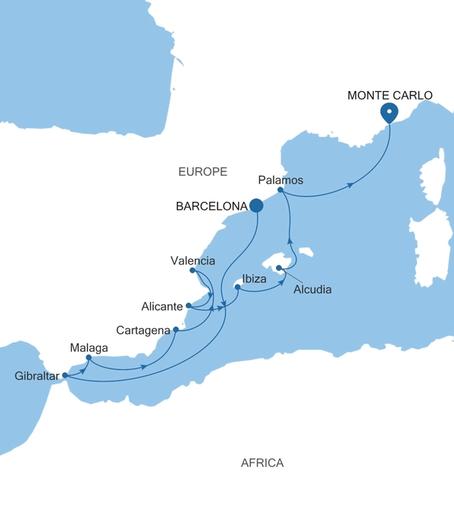 Silver Ray Spain Featuring Málaga & Ibiza voyage RA260905012 itinerary map