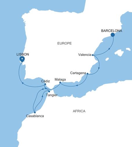 Silver Ray Spain & Morocco Featuring Casablanca voyage RA261118010 itinerary map