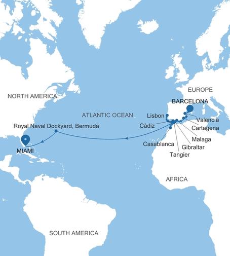 Silver Ray Transatlantic Crossing Featuring Spain & Bermuda voyage RA261118C23 itinerary map