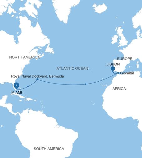 Silver Ray Transatlantic Crossing Featuring Gibraltar & Bermuda voyage RA261128013 itinerary map