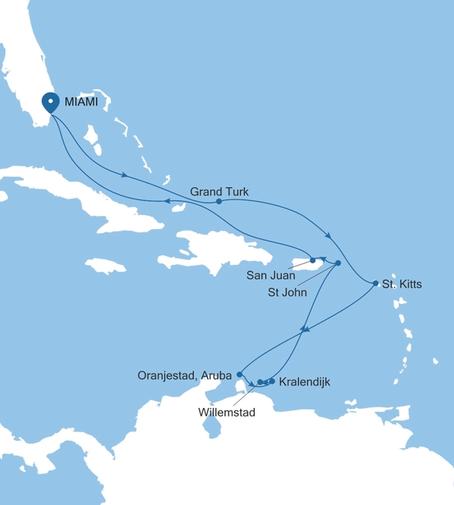 Silver Ray Southern Caribbean Featuring Aruba & Grand Turk voyage RA261222014 itinerary map