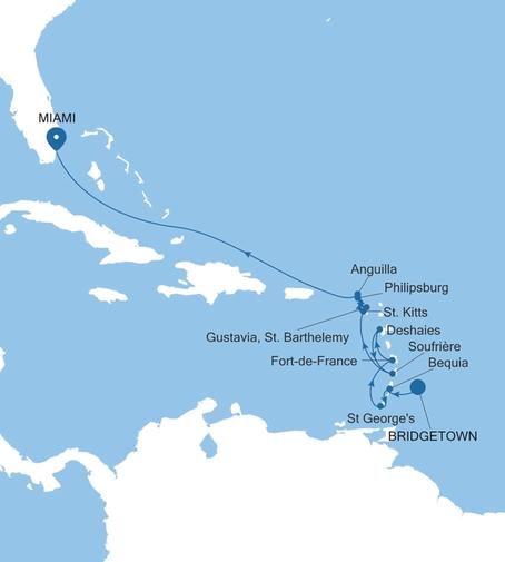 Silver Ray Southern Caribbean Featuring St. Lucia & St. Barts voyage RA270226012 itinerary map