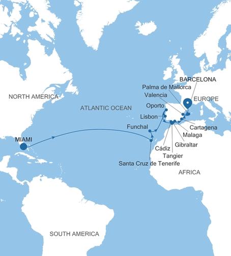 Silver Ray Transatlantic Crossing Featuring Bermuda, Portugal & Spain voyage RA270310C25 itinerary map