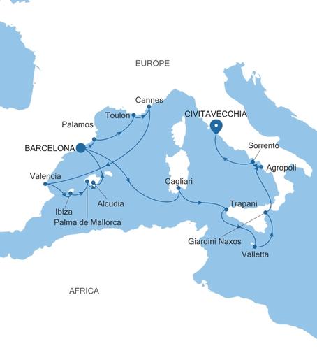 Silver Ray The French Riviera, Spain & Italy Featuring Sicily voyage RA270512C17 itinerary map