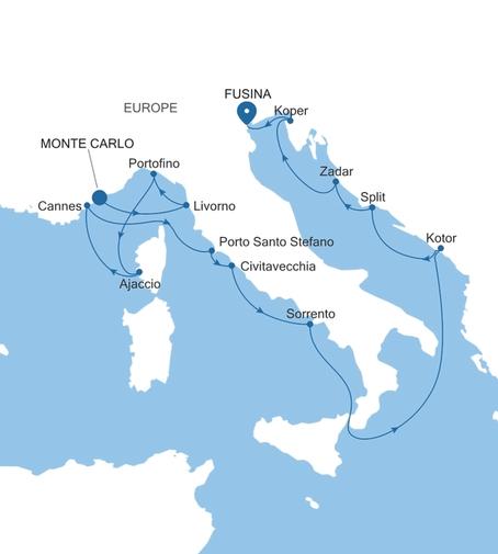 Silver Ray Italy, the French Riviera & Croatia Featuring Split voyage RA270710C14 itinerary map