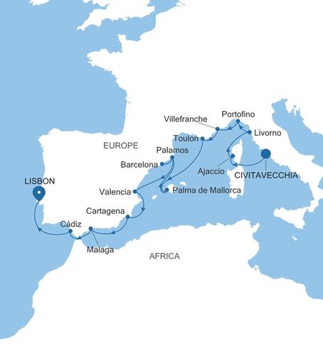 Silver Ray The French Riviera, Italy & Spain Featuring Portofino voyage RA270919C16 itinerary map