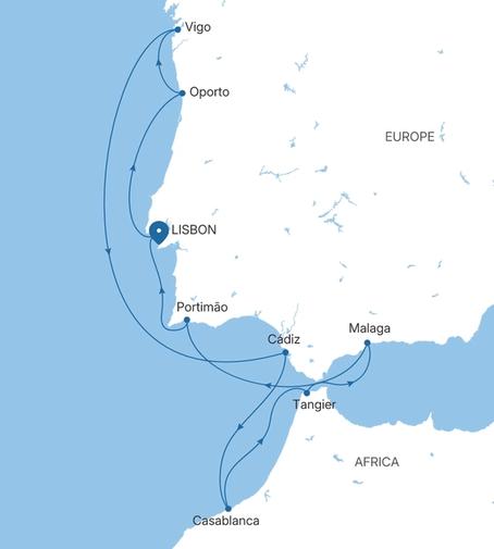 Silver Ray Portugal, Morocco & Spain Featuring Casablanca voyage RA271113010 itinerary map