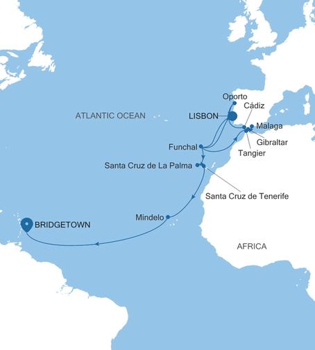 Silver Ray Transatlantic Crossing Featuring Portugal & Morocco voyage RA271123C25 itinerary map
