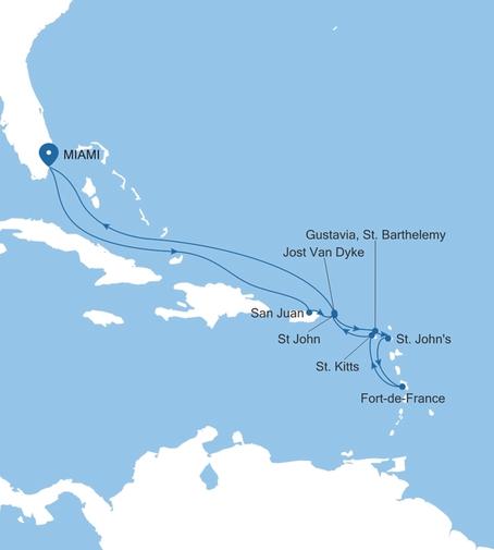 Silver Ray Southern Caribbean Featuring St. Barts & St. Kitts voyage RA280103012 itinerary map