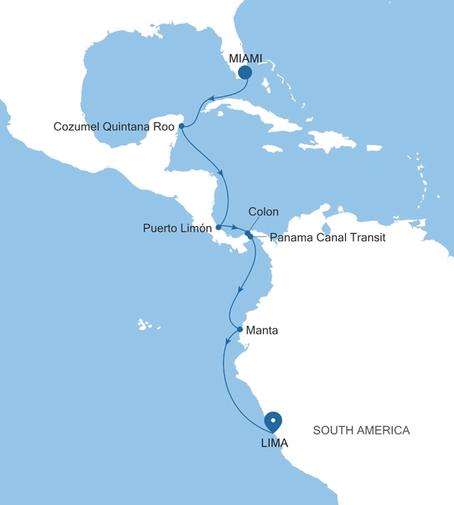 Silver Ray Central America Featuring the Panama Canal & Cozumel voyage RA280115012 itinerary map