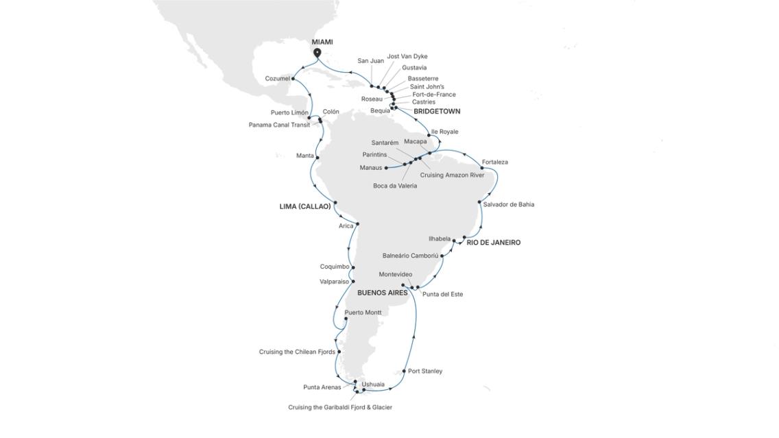 Silver Ray Grand South America 2028 voyage RA280115077 itinerary map