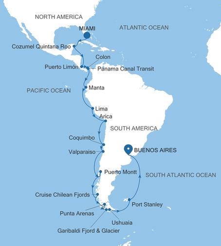 Silver Ray The Panama Canal & South America Featuring Chilean Fjords voyage RA280115C33 itinerary map