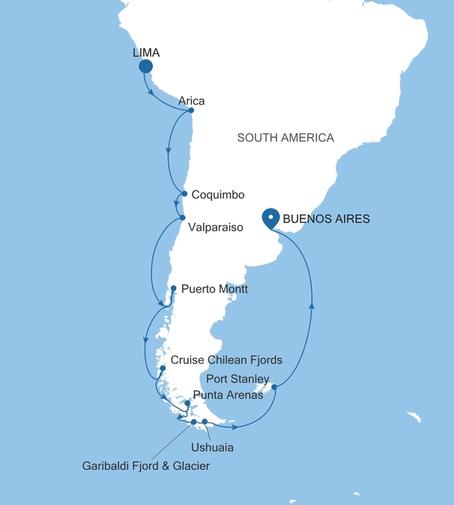 Silver Ray Chile & Argentina Featuring Chilean Fjords voyage RA280127021 itinerary map