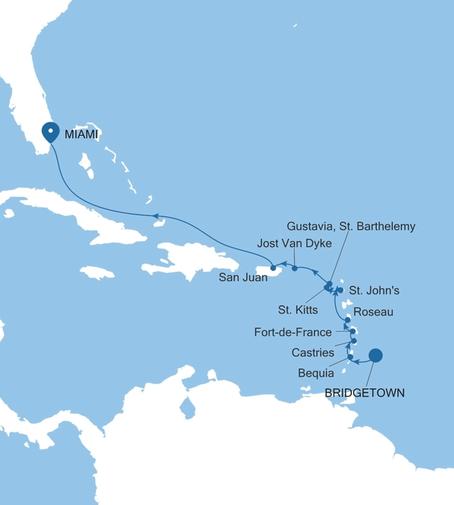 Silver Ray Southern Caribbean Featuring St. Barts & St. Lucia voyage RA280320012 itinerary map