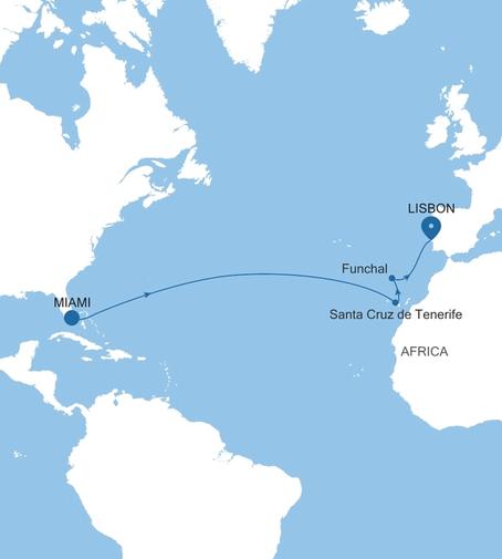 Silver Ray Transatlantic Crossing Featuring Portugal voyage RA280401014 itinerary map