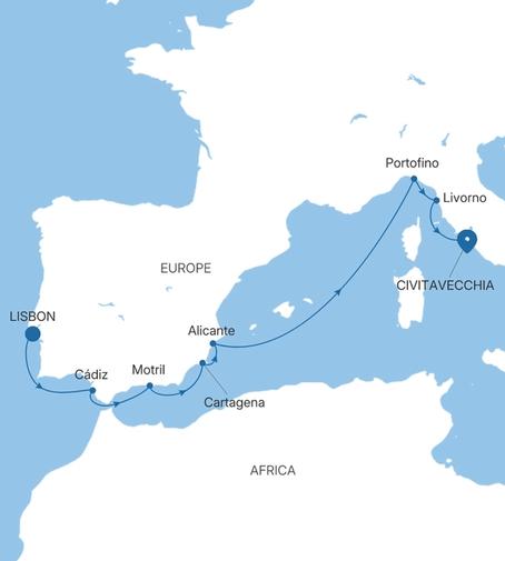 Silver Ray Spain & Italy Featuring Portofino voyage RA280415009 itinerary map