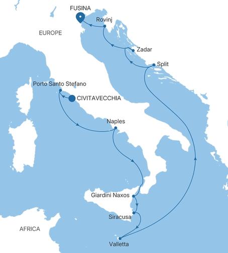 Silver Ray Italy & Croatia Featuring Sicily voyage RA280424010 itinerary map