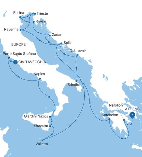 Silver Ray Italy, Croatia & Greece Featuring Dubrovnik voyage RA280424C19 itinerary map