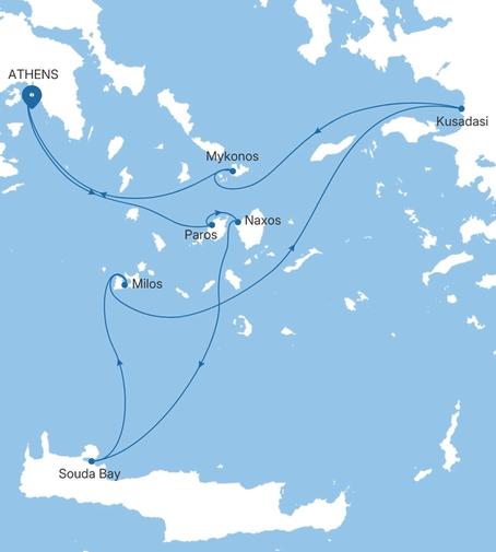 Silver Ray Greece & Turkey Featuring Milos voyage RA280513007 itinerary map