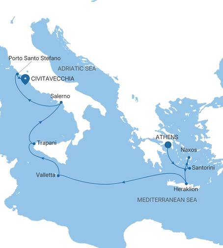 Silver Ray Greece & Italy Featuring Santorini voyage RA280520009 itinerary map