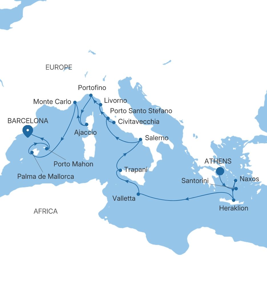 Silver Ray Greece, Italy & the French Riviera Featuring Monaco voyage RA280520C19 itinerary map