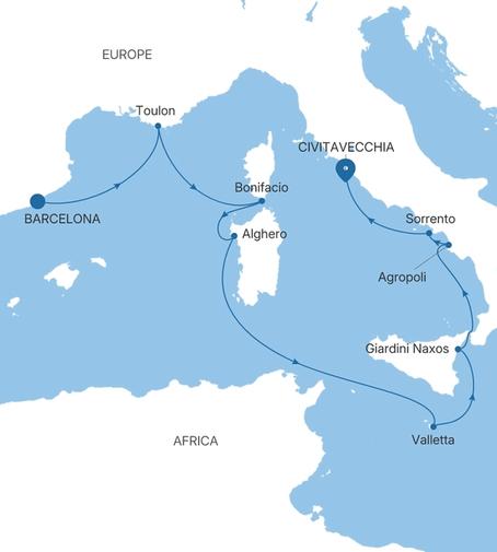 Silver Ray Italy & France Featuring Sicily voyage RA280608009 itinerary map