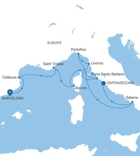 Silver Ray Italy & France Featuring Portofino voyage RA280617009 itinerary map