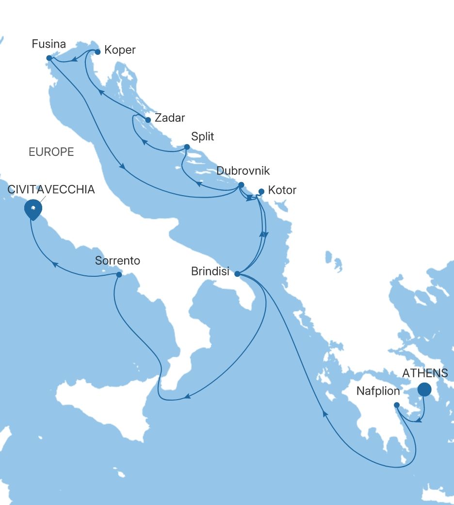Silver Ray Croatia, Montenegro & Italy Featuring Puglia voyage RA280706C16 itinerary map