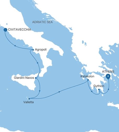 Silver Ray Italy & Greece Featuring Sicily voyage RA280722007 itinerary map