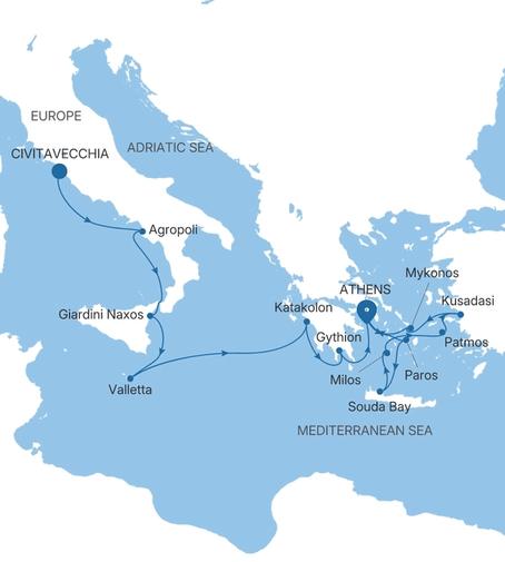 Silver Ray Italy, Greece & Turkey Featuring Mykonos voyage RA280722C14 itinerary map