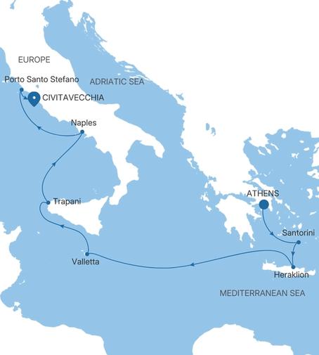 Silver Ray Greece & Italy Featuring Santorini voyage RA280805008 itinerary map