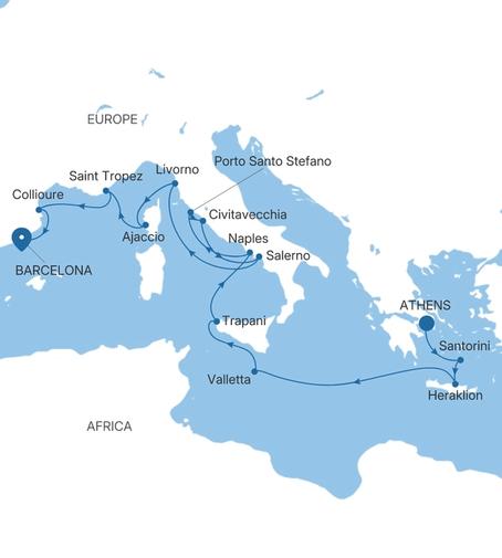 Silver Ray Greece, Italy & France Featuring Santorini voyage RA280805C16 itinerary map