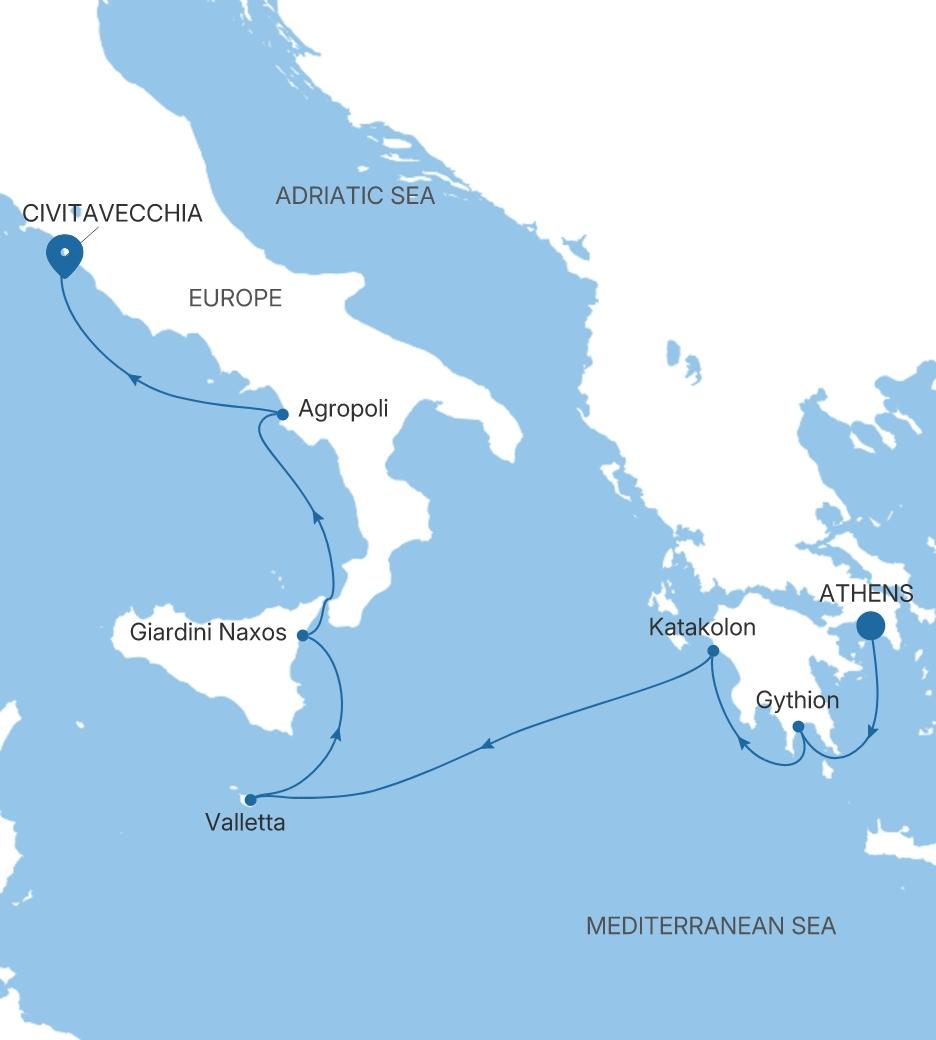 Silver Ray Greece & Italy Featuring Sicily voyage RA280930007 itinerary map