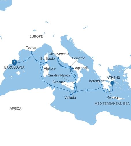Silver Ray Greece, Italy & France Featuring Sicily voyage RA280930C16 itinerary map