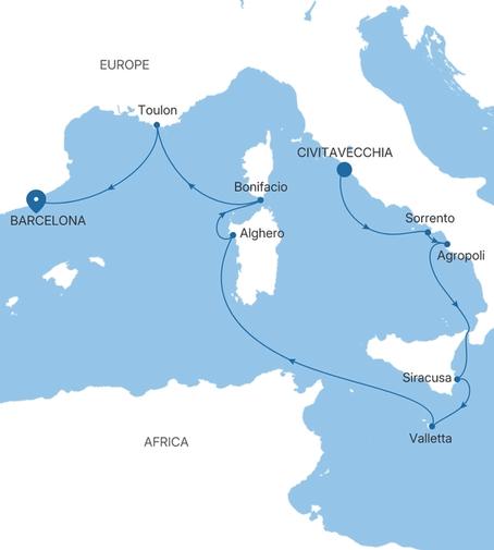 Silver Ray Italy & France Featuring Sicily voyage RA281007009 itinerary map