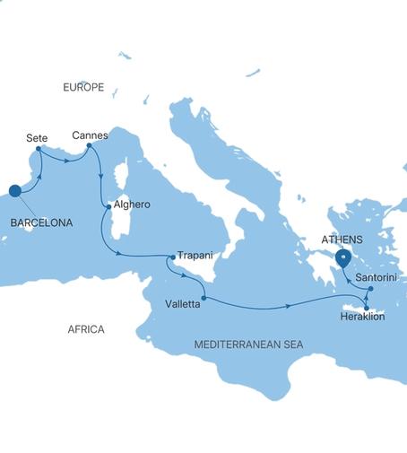 Silver Ray France, Italy & Greece Featuring Sicily voyage RA281016010 itinerary map