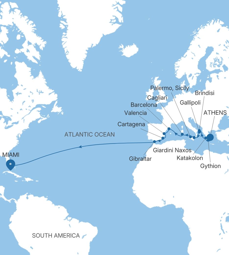 Silver Ray Transatlantic Crossing Featuring Greece & Italy voyage RA281113C24 itinerary map