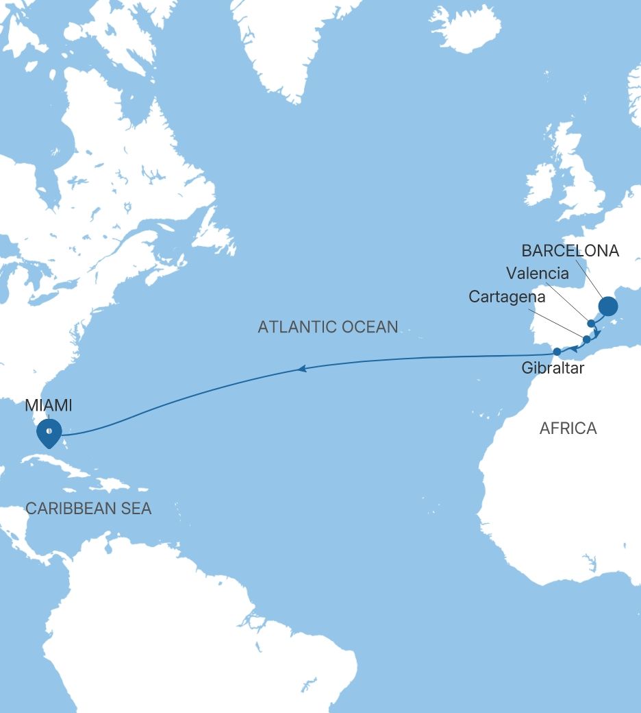 Silver Ray Transatlantic Crossing Featuring Spain voyage RA281123014 itinerary map