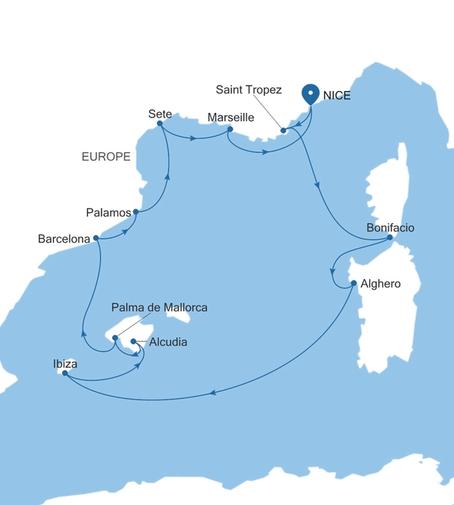 Silver Shadow The French Riviera & Spain Featuring Saint-Tropez voyage SS260806012 itinerary map