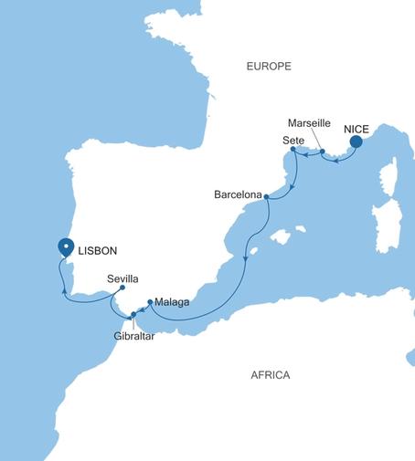 Silver Shadow France & Spain Featuring Seville voyage SS260830010 itinerary map
